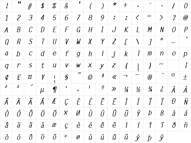 EvenLetter Bold Slanted Character Map