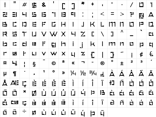 Executris Bold Character Map