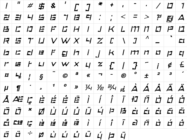 Executris Bold Italic Character Map