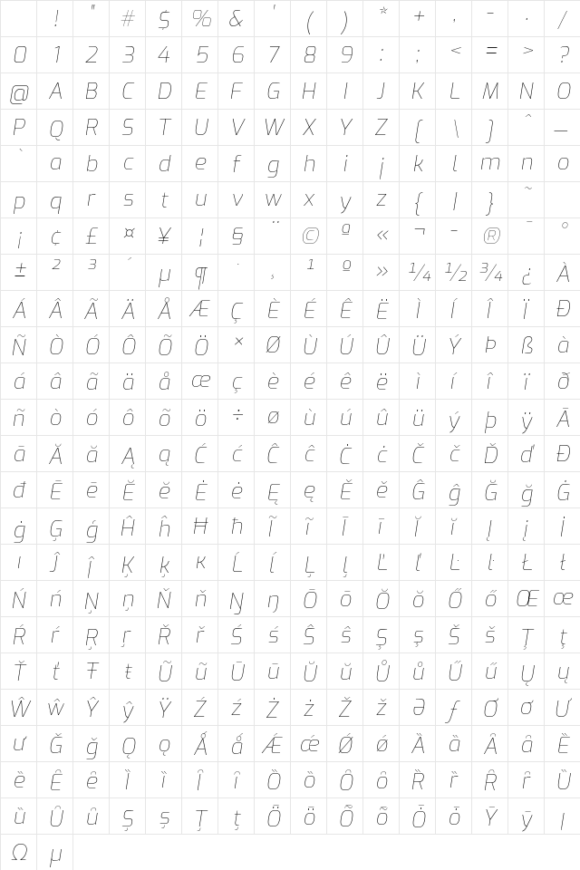 Exo Thin Italic Character Map Exo Thin Italic Character Map