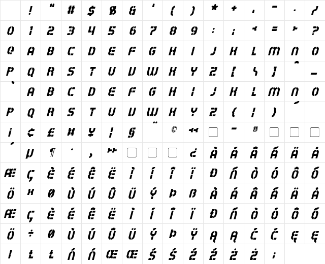 Exostencil Italic Character Map Exostencil Italic Character Map