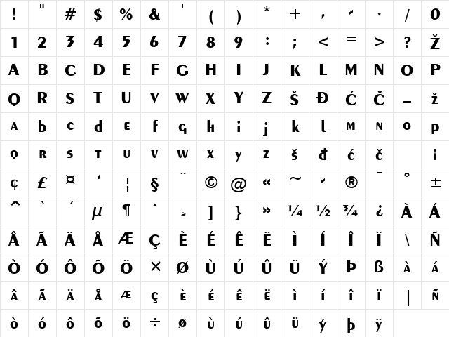 Exotic350 Bold Character Map