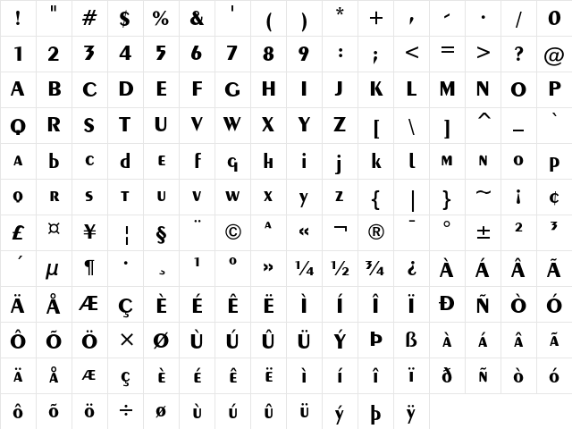 Exotic 350 Bold Character Map