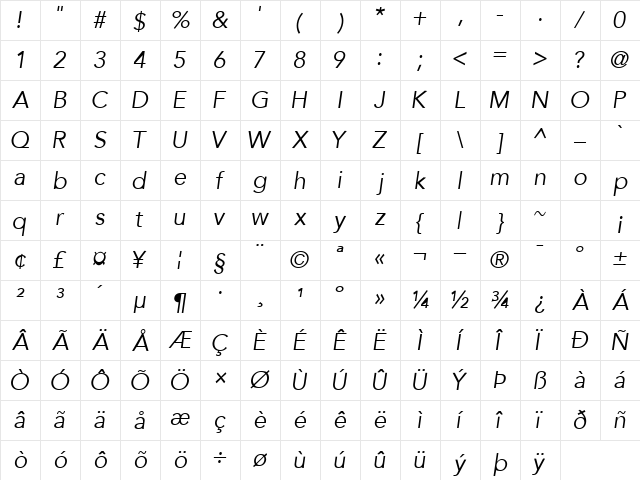 ExpoBookSSK Italic Character Map