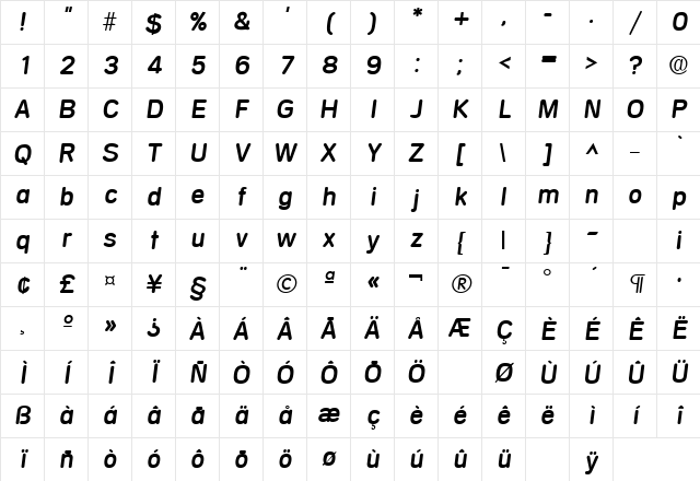 Mercedes Bold Italic Character Map