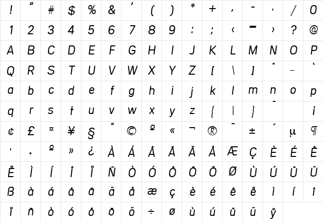 Mercedes-Serial-Light RegularItalic Character Map