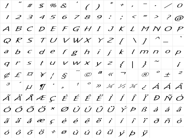 Famico Extra-expanded Italic Character Map