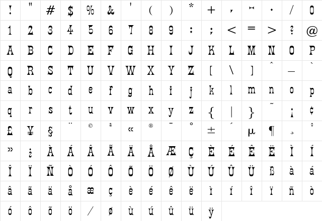FantailOpti Regular Character Map