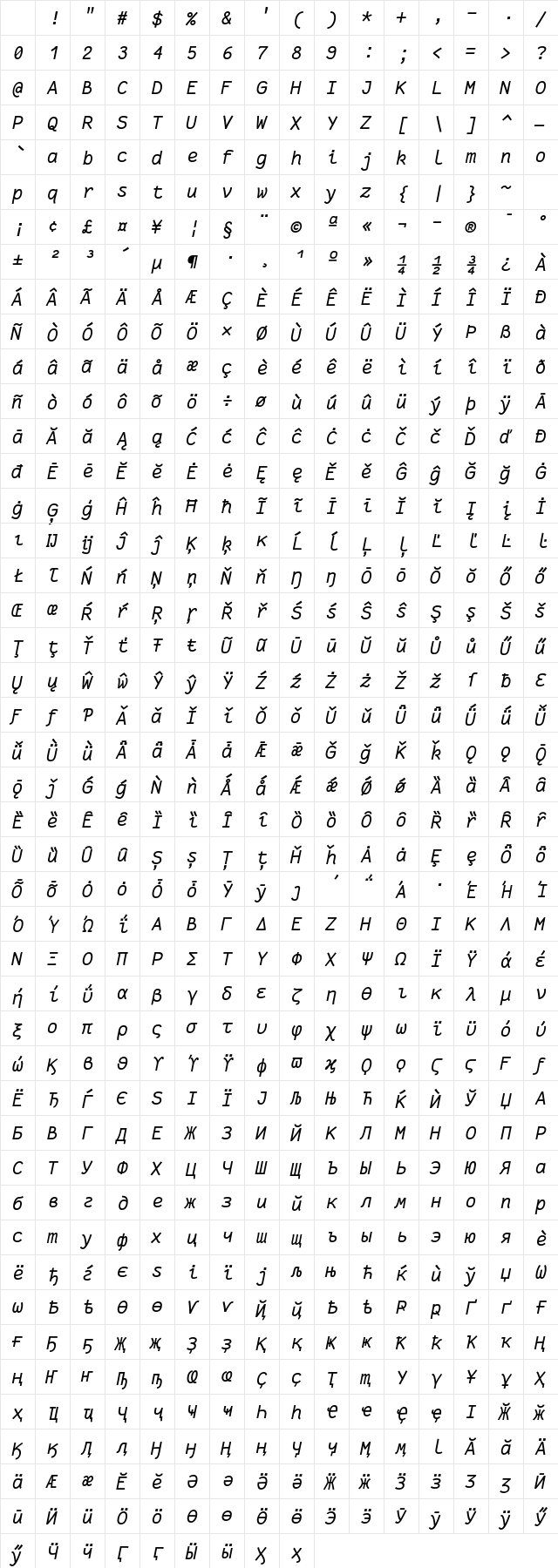 FantasqueSansMono Nerd Font Mono Italic Character Map FantasqueSansMono Nerd Font Mono Italic Character Map