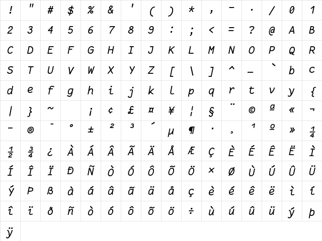 Fantasque Sans Mono Italic Character Map