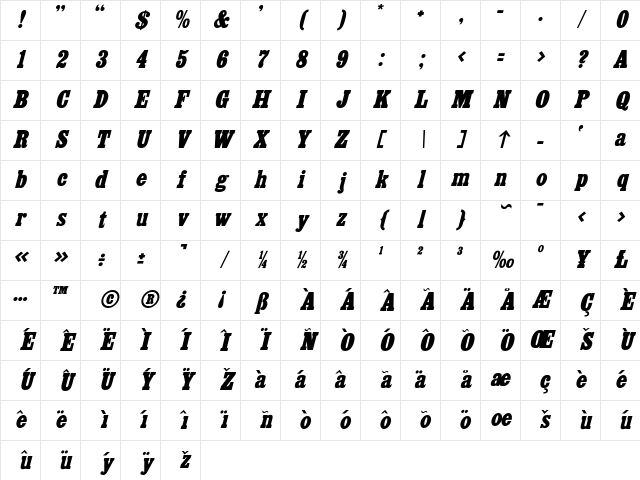 FatAmerican_Italic Normal Character Map