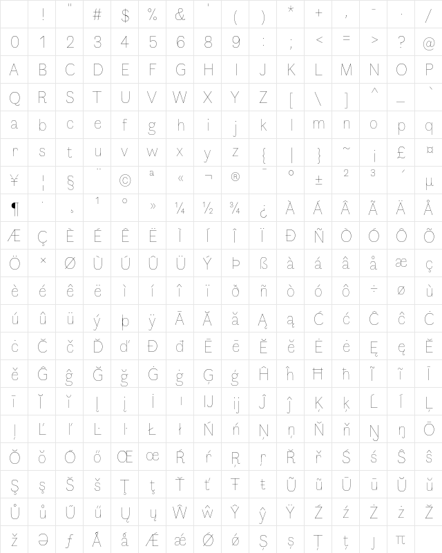 Faune Thin Regular Character Map