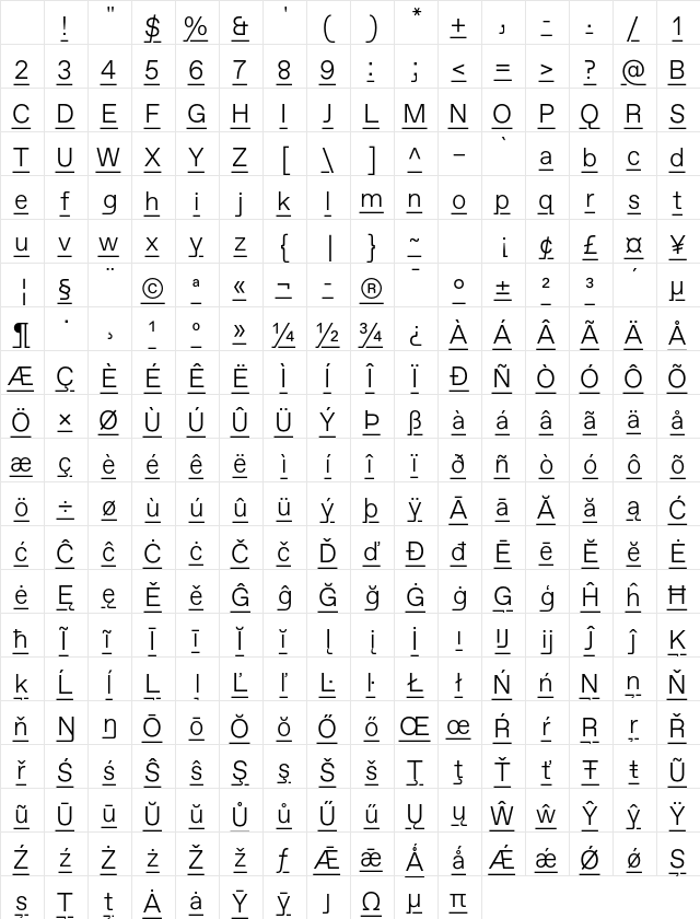 Favorit Lining Std Light Regular Character Map