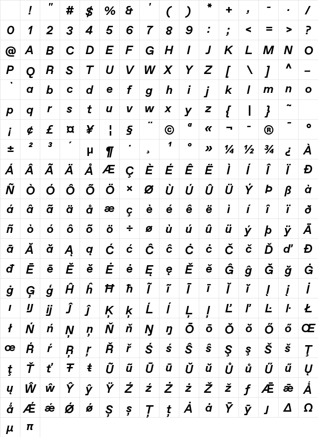 Favorit Std Bold Italic Character Map Favorit Std Bold Italic Character Map