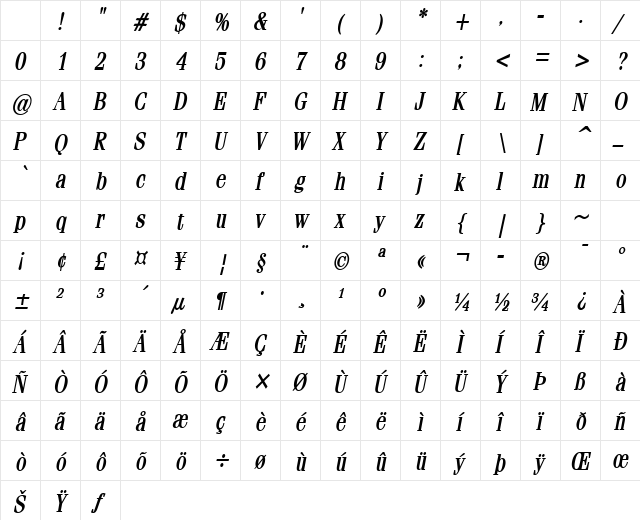 Feline-Condensed Bold Italic Character Map Feline-Condensed Bold Italic Character Map