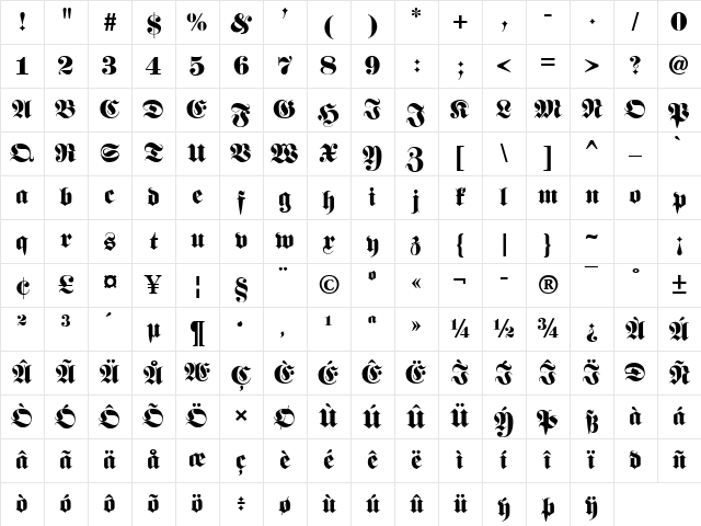 Fette classic UNZ Fraktur Regular Character Map
