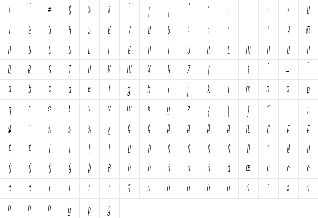 Findley Extra-condensed Italic Character Map