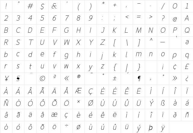 Fineness Pro ExtraLight Italic Character Map