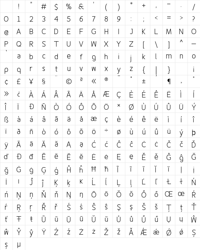 Fineness Pro Light Regular Character Map Fineness Pro Light Regular Character Map