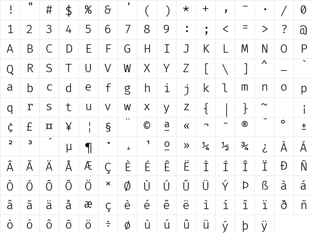 Fira Code Light Character Map