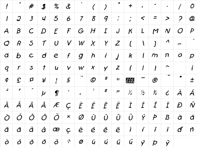 FirstGrader Italic Character Map FirstGrader Italic Character Map