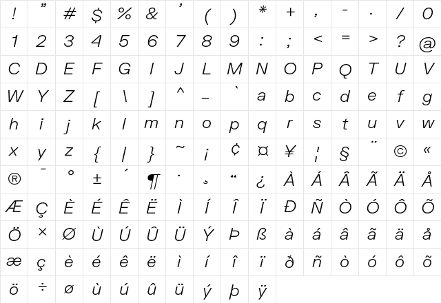 FK Grotesk Light SemiItalic Character Map FK Grotesk Light SemiItalic Character Map