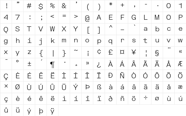 FK Grotesk Mono Light Character Map