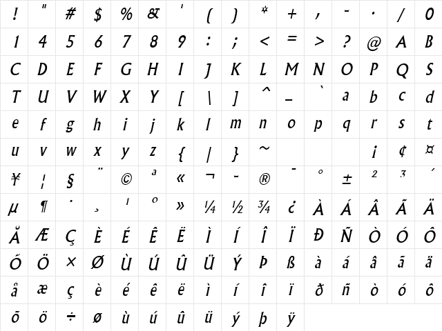 Flair-Condensed Italic Character Map