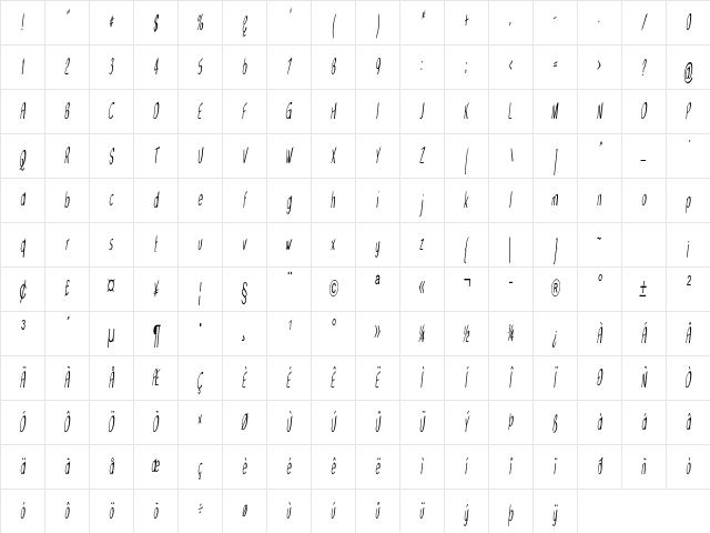 Flush Extra-condensed Italic Character Map