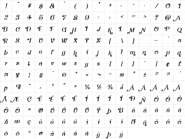 Flying Dahlia Bold Italic Character Map
