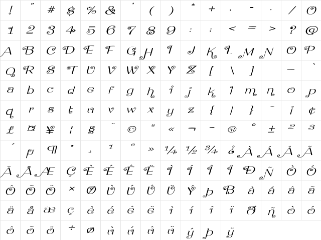 Flying Dahlia Expanded Italic Character Map