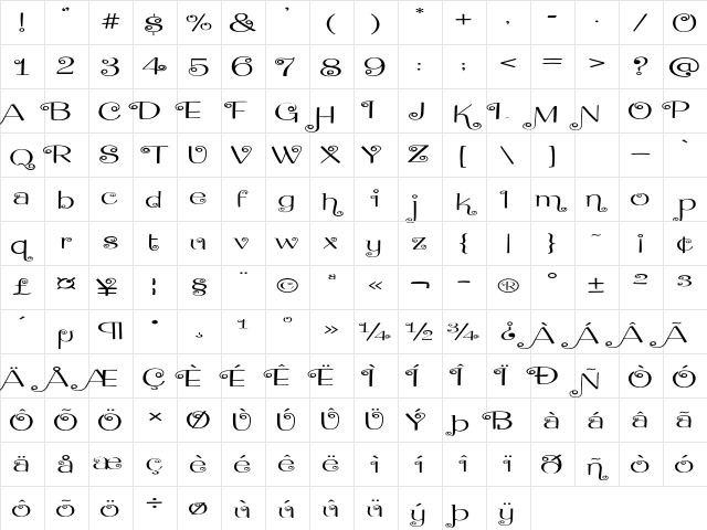 Flying Dahlia Extra-expanded Regular Character Map
