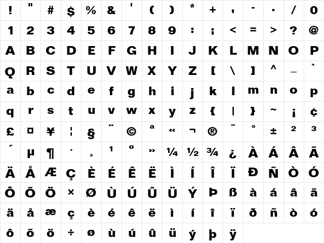 Folio Bold Character Map