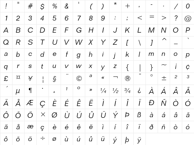 Folio Light Italic Character Map