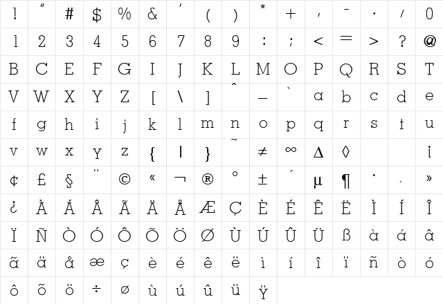 MesaLight Regular Character Map