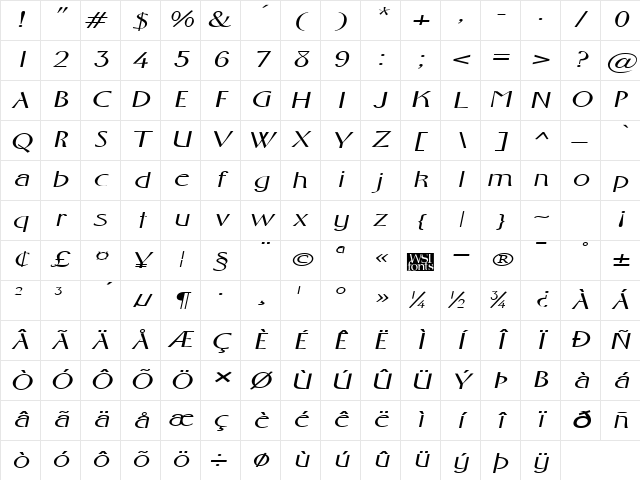 FosterExpanded Italic Character Map