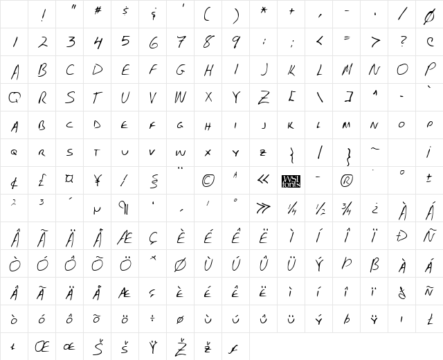 FostersHand Regular Character Map