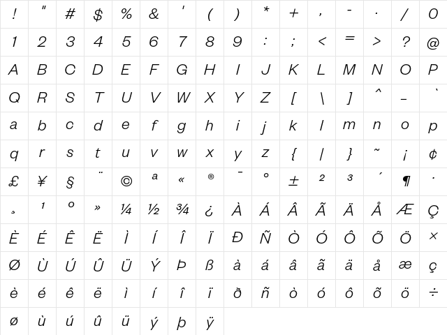Founders Grotesk Light Italic Character Map