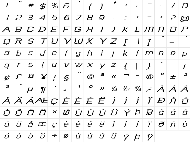 Foxfire Extra-expanded Italic Character Map