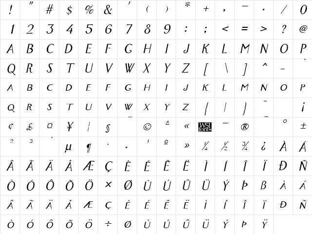 FoxTrot Italic Character Map
