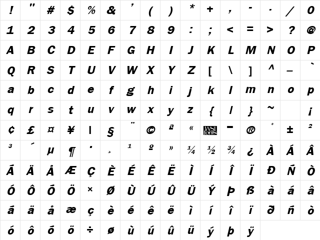 Frankfurt Bold Italic Character Map