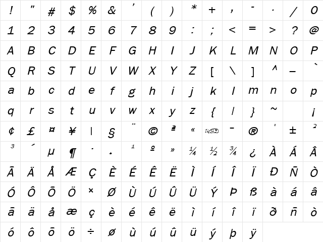 Frankfurt Italic Character Map