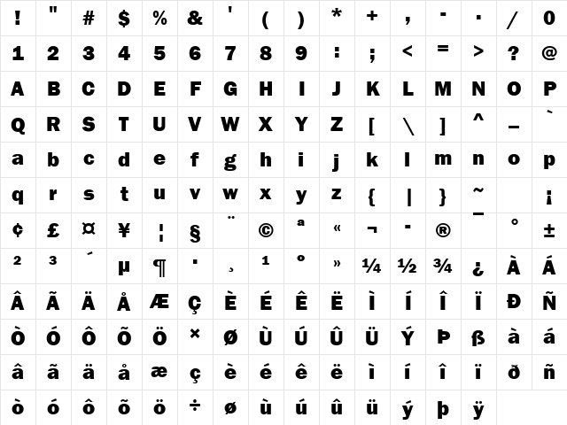 Franklin Gothic Heavy Regular Character Map