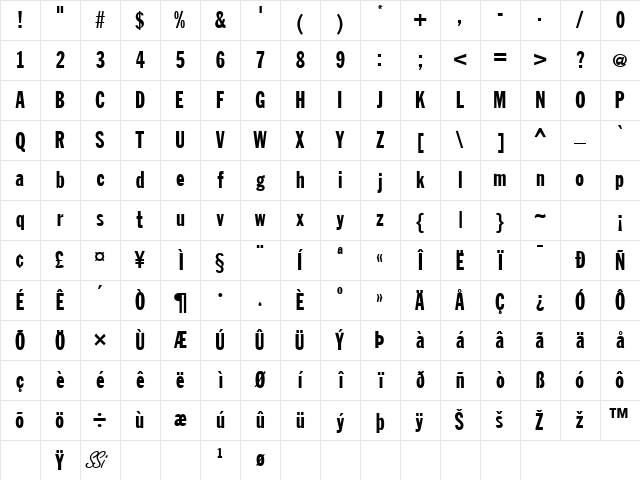 FranklinGothicExtraCondSSK Regular Character Map