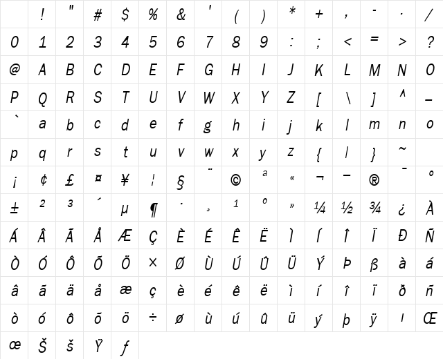 FranklinThin Oblique Character Map