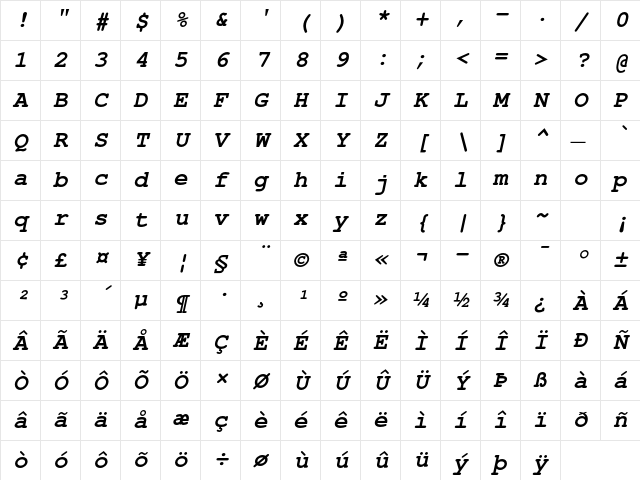 FreeMono BoldOblique Character Map