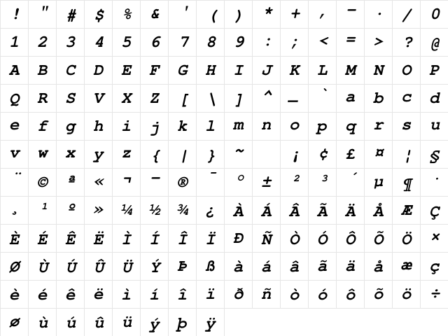 FreeMono BoldOblique Character Map FreeMono BoldOblique Character Map