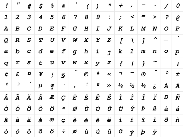FreeMono BoldOblique Character Map FreeMono BoldOblique Character Map
