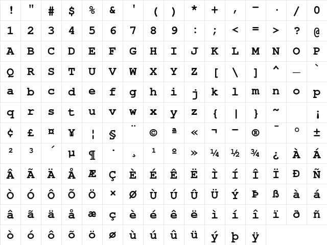 FreeMono Bold Character Map