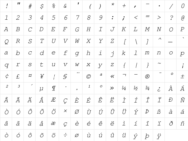 FreeMono Oblique Character Map